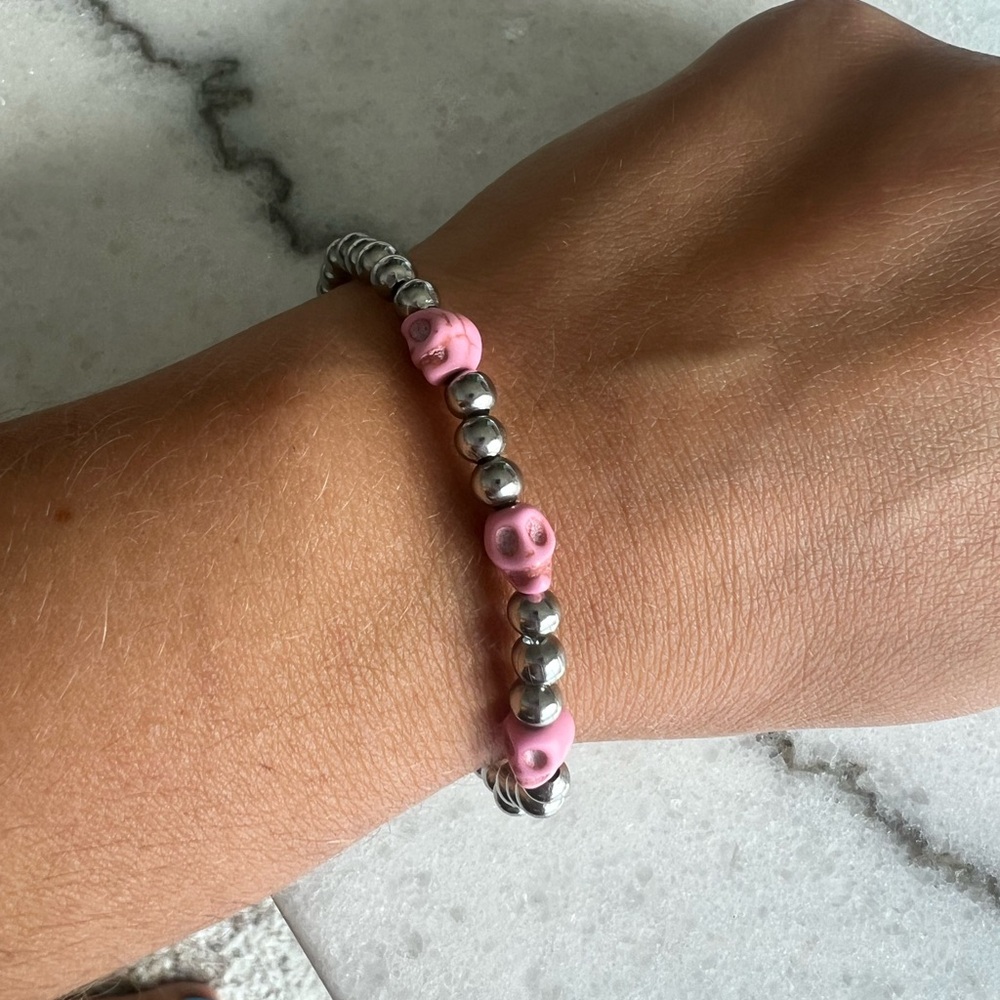 Pink Skull Silver Beaded Bracelet